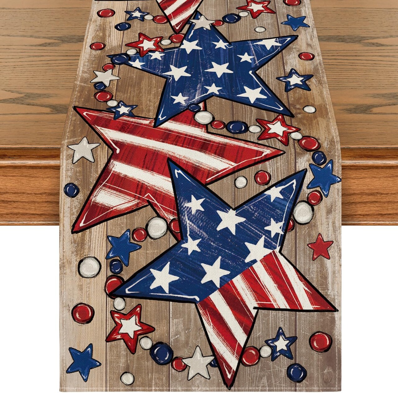 Wooden Star Beads Patriotic Table Runner – 4th of July & Memorial Day Kitchen and Dining Table Decoration, 13×120 Inches